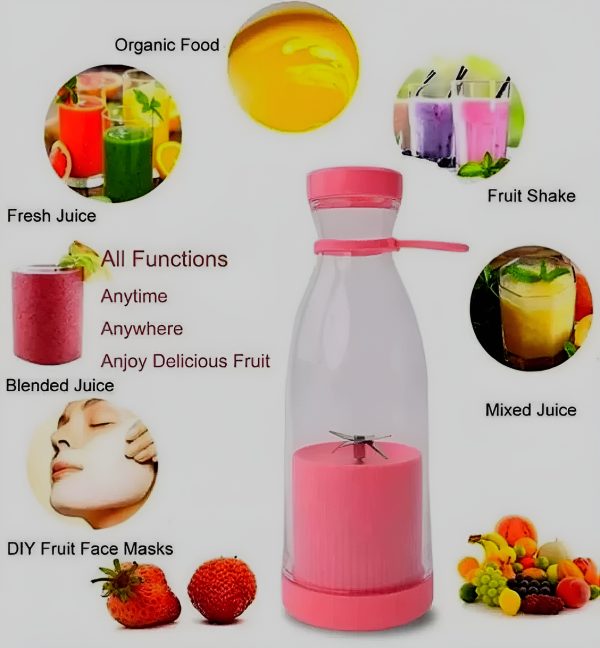 Pink and clear portable blender with images of juice and fruits on a white background